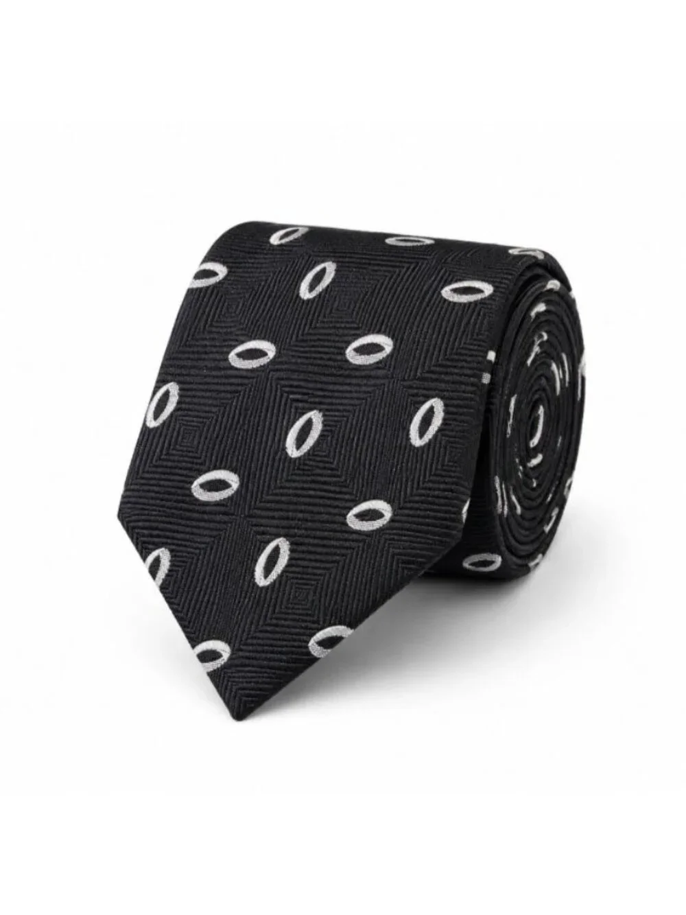 Hugo Boss Men’s Silk Tie Black White Geometric Oval Print Made in Italy